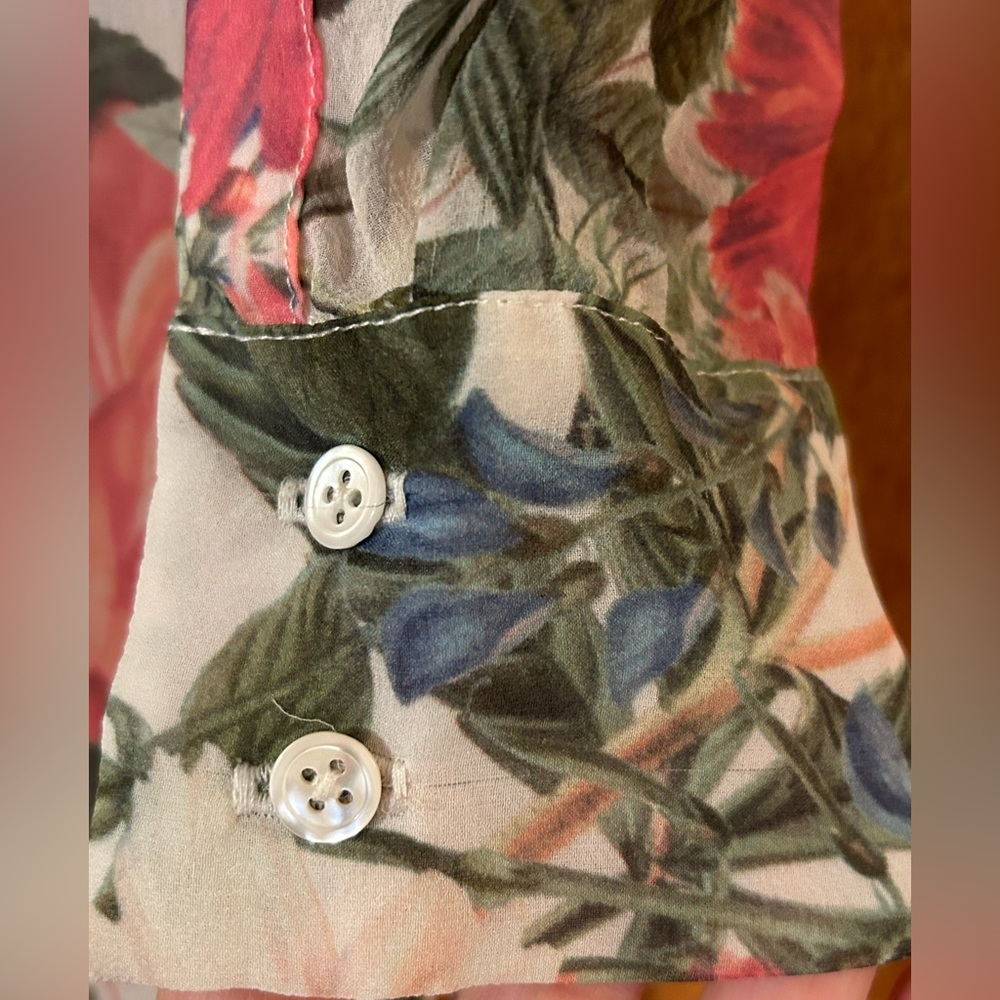 Haute Hippie Sheer Silk Floral Tunic, Rollup Sleeves Open Front Drawstring Waist - Picture 6 of 16